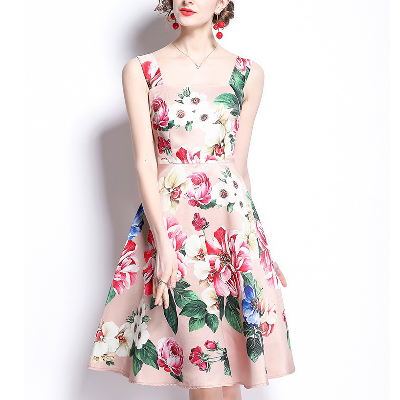 summer midi dress A-line spaghetti strap camisole pink flower dresses for women high waist party casual robe de mujer 2xl 210421