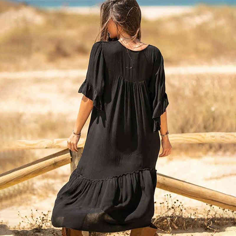 Casual Bikini Cover-ups Black Cotton Tunic Summer Beach Dress Women Plus Size Wear Swim Suit Cover Up Robe de plage Q1157 210420