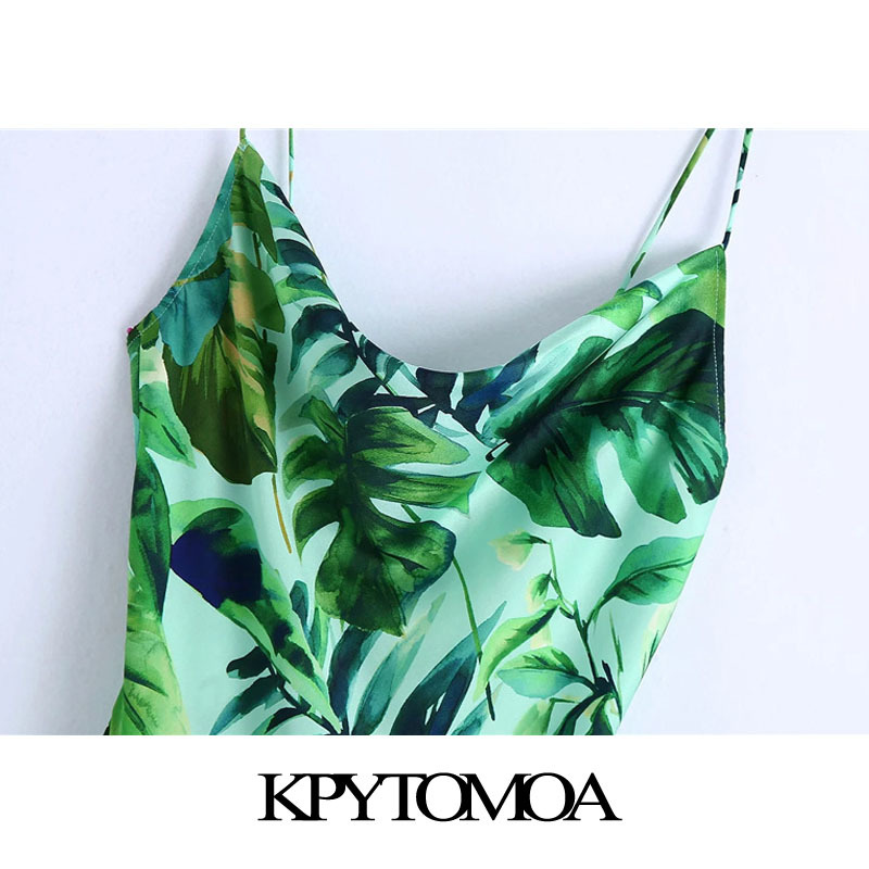 Women Chic Fashion Tropical Print Midi Camisole Dress Backless Side Vents Thin Straps Female Dresses Mujer 210420