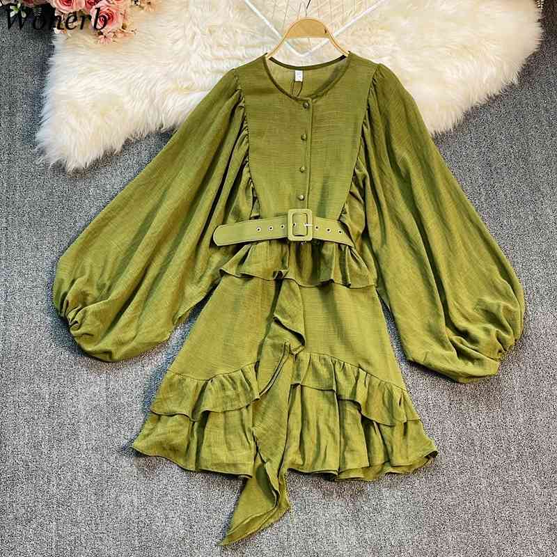 Korean Lantern Sleeve Women Dresses Irregular Ruffle Patchwork Vestidos Summer Robe Belt Slim Waist Sweet Mini Dress 210519