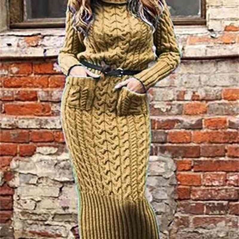 Winter Plus Size Dresses for Women Turtleneck Long Sleeve Pullover Knitted Dress Femme Striped Pattern Pocket Slim Vestido Longo 210604