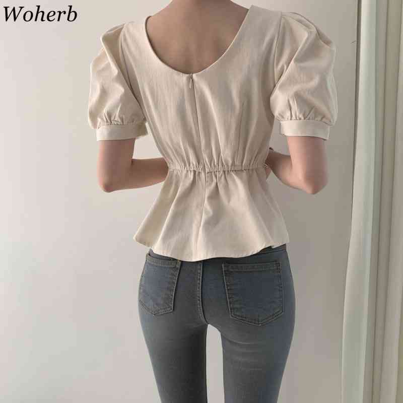 Lace-up O-neck Blouse Women's Summer Slim Fit All-match Puff Short Sleeve Shirts Korean Temperament Solid Color Tops 210519