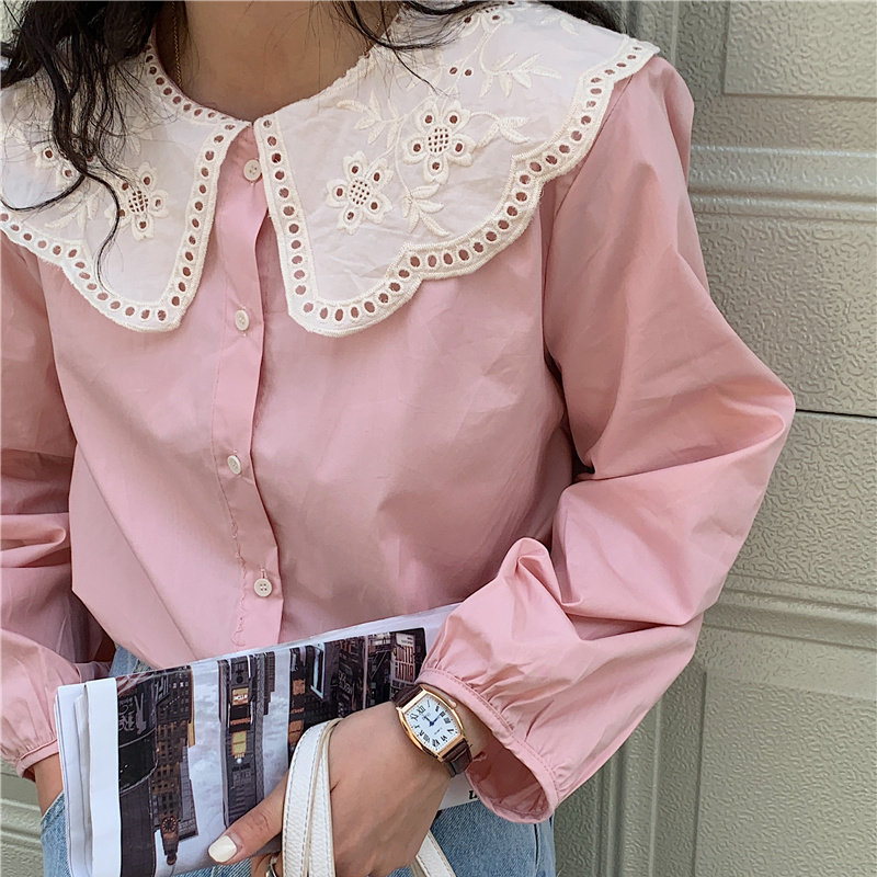 Korean Patchwork Lace Peter Pan Collar Casual Brief Chic Sweet Girls High Quality Femme Loose All Match Shirts 210421