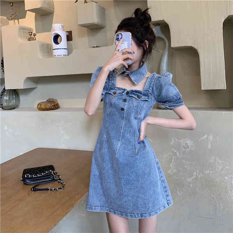 SML summer mini dress korean style solid color square collar denim dress womens puff short sleeve jeans dresses (J1205) 210423