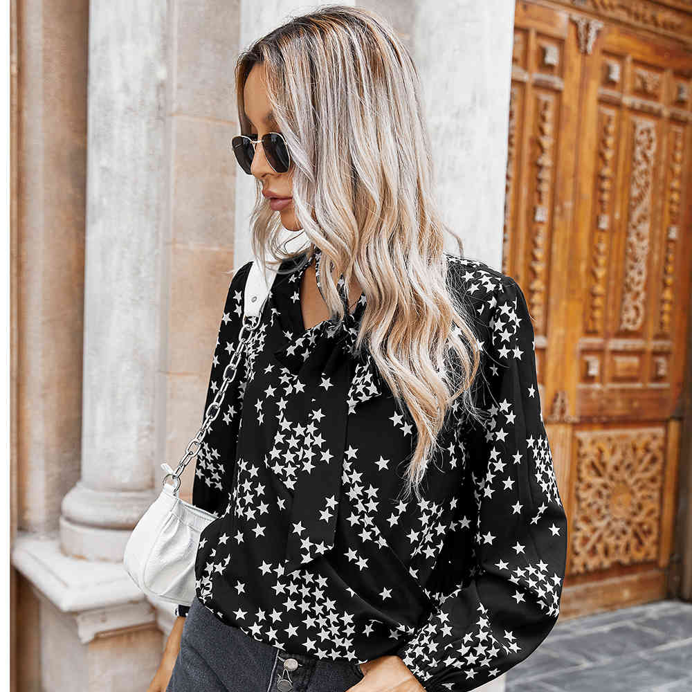 Foridol star print v neck lace up blouse shirt women elegant ladies office white blouse tops autumn winter black blouse 210415