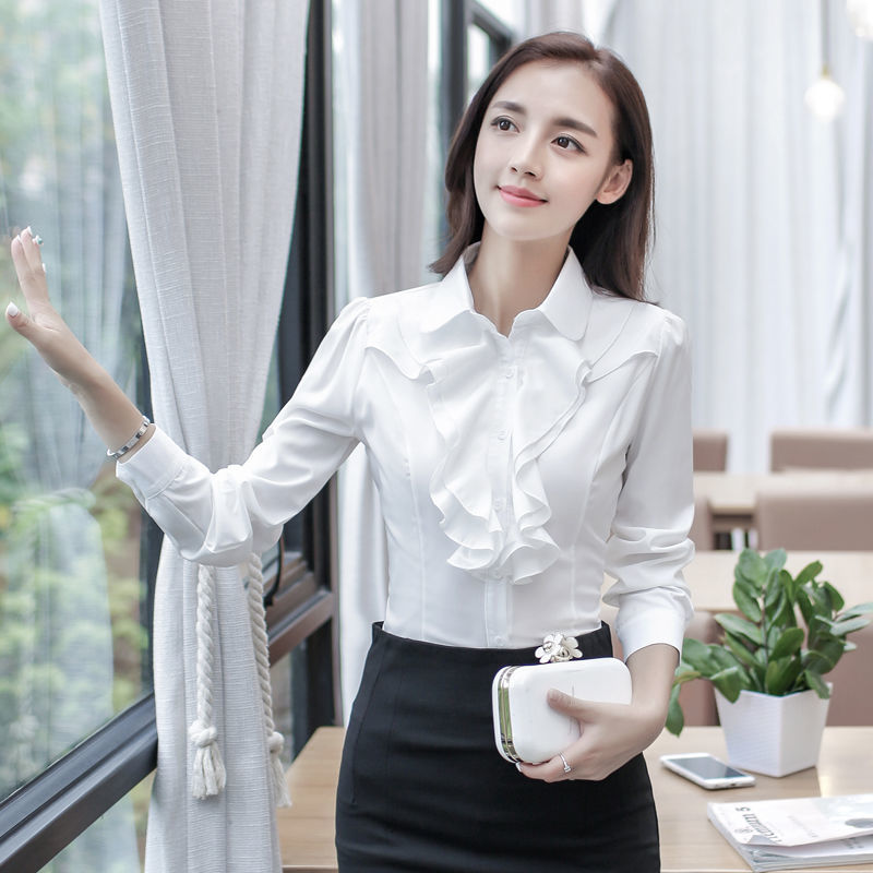 Autumn Winter Women Long Sleeve Shirts Korea Office Lady Turn-down Collar White Shirt Casual Ruffles Blouse Ladies Tops D228 210512
