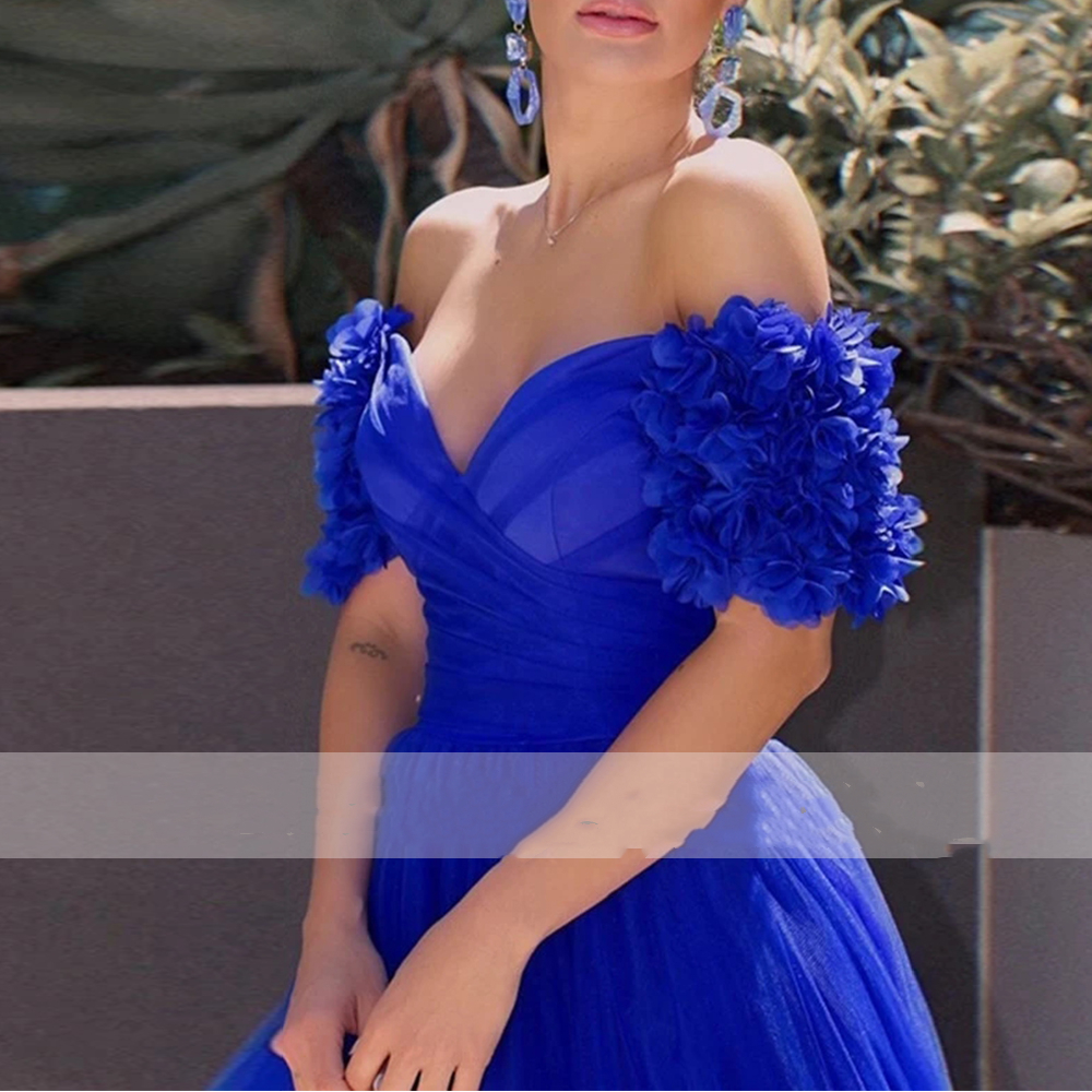 Princess Royal Blue Flowers Evening Dresses Long Luxury 2022 V-Neck Floral Off The Shoulder Side Split Prom Gowns Tulle Vintage A Line Celebrity Dress