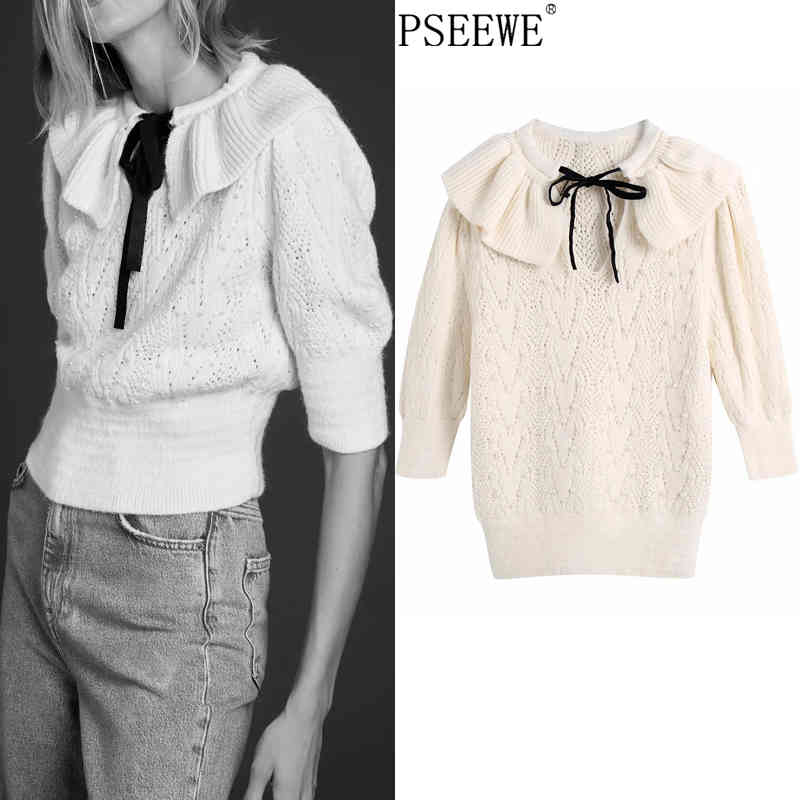Spring Za Beige Pearl Knitted Woman Sweater Fashion Bow Short Puff Sleeve Crop Knit Top Pullover Women Ruffle Tunic 210517
Spring Za Beige Pearl Knitted Woman Sweater Fashion Bow Short Puff Sleeve Crop Knit Top Pullover Women Ruffle Tunic 210517