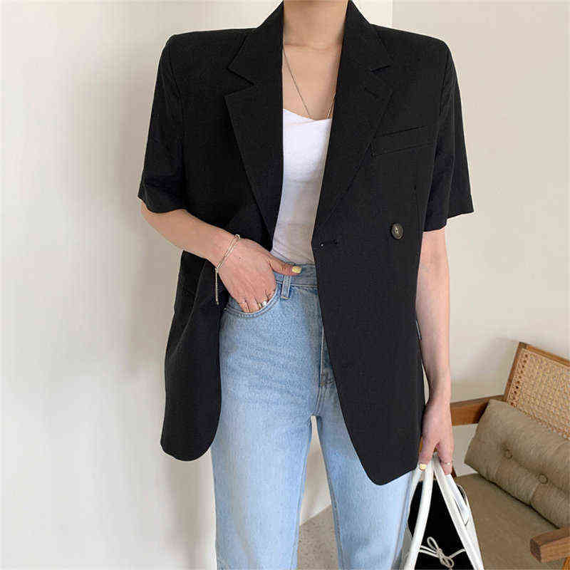 HziriP Summer All Match Femme Loose Solid Office Lady Streetwear Vintage Jackets Short Sleeves Casual Retro Blazers 211122