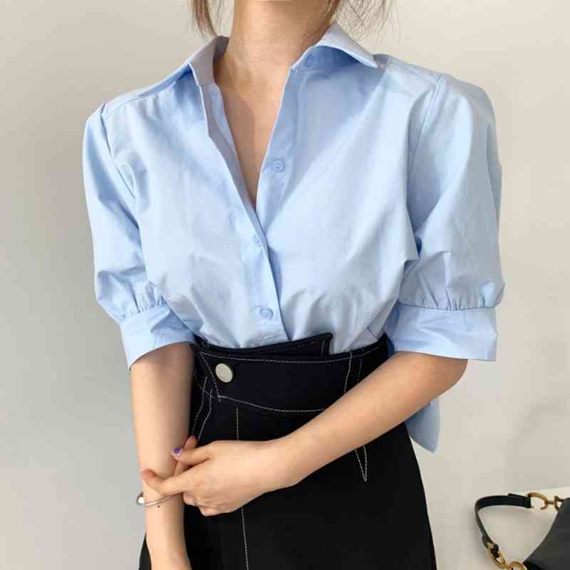 OL Fashion Chic Korean Summer Blue Short Front Long Back Pleated Blouse Women Loose Doll White Lapel Shirts Casual Blusas 210429
