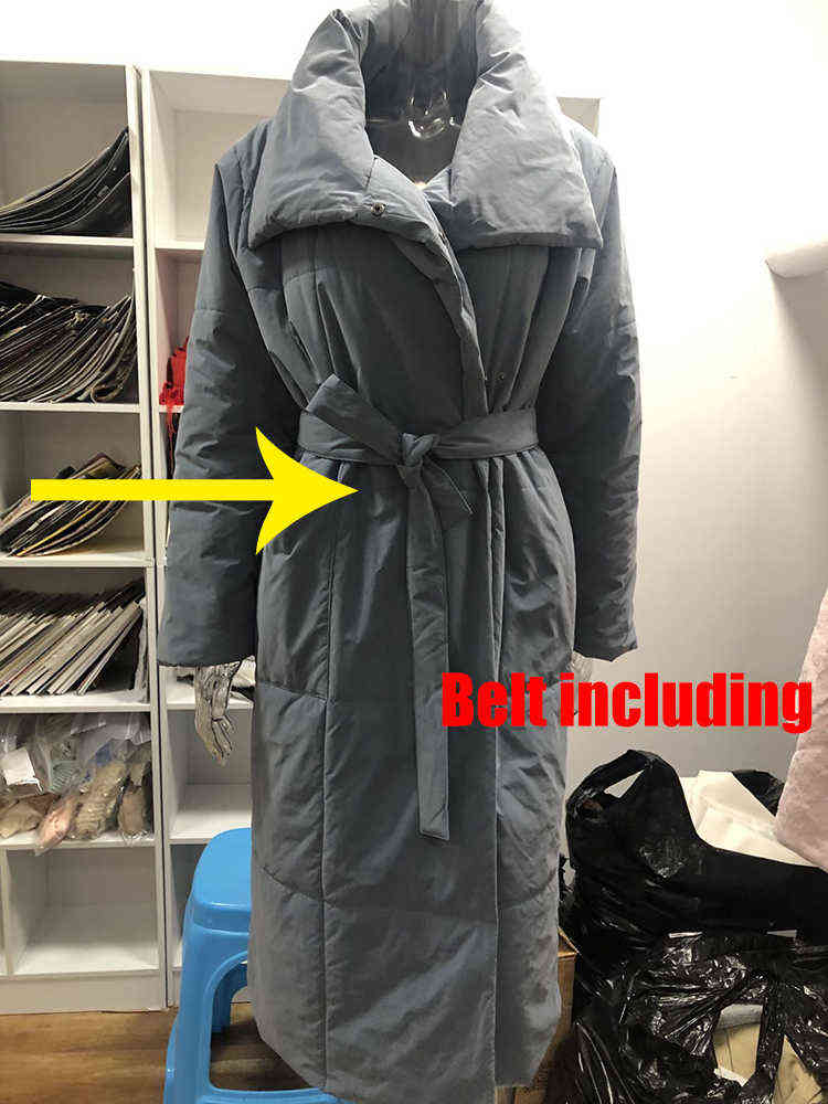 WOTWOY Winter Thickening X-Long Parkas Women Wide-Waisted Loose Cotton Padded Jackets Female Green Grey Sashes Warm Windbreaker 211102