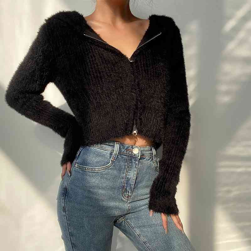 Women Zip Through Rib Fluffy Hooded Knit Cardigan Up Crop Sweater 210512