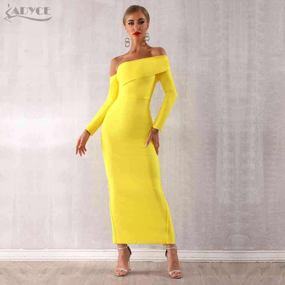 Winter Sexy Women Bandage Dress Vestidos Long Sleeve Yellow Green Off Shoulder Maxi Celebrity Evening Party 210423