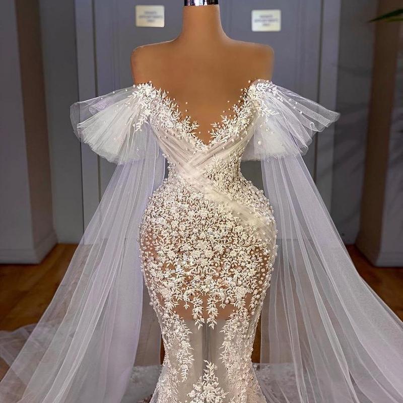 Sexy Illusion Bodice Mermaid Wedding Gowns Sheer Jewel Neck Short Sleeves Off Shoulder Lace Mor Pears Beaded Bridal Dress Vestidos De Novia 0431
