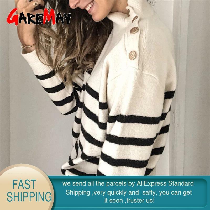 Oversized Striped Turtleneck Sweater Female Winter White Knitted Jumper Button Loose Fashion Womens Pullover 210428