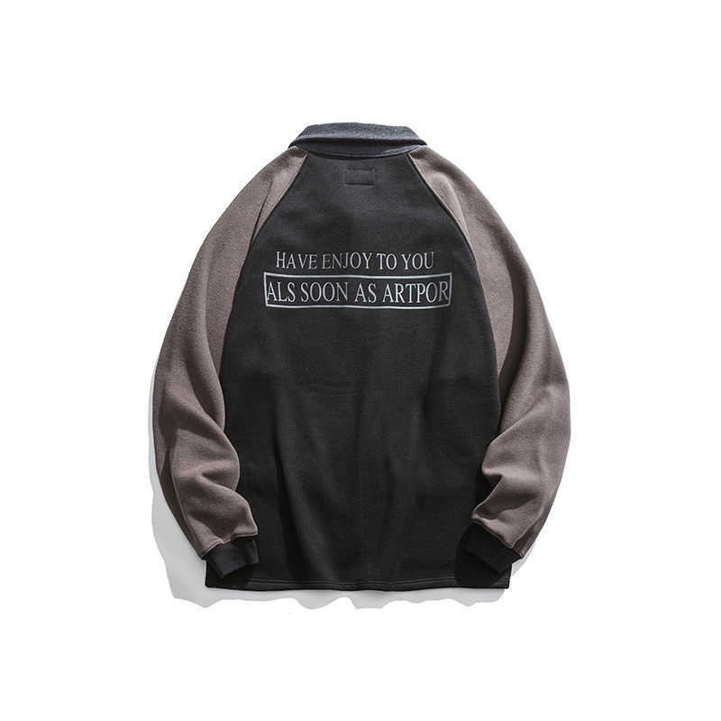 Autumn Japanese Sweatshirt Mens Black Campus Pullover Streetwear Casual Fashion Turndown Collar High Quality Cotton Jacket 210603
