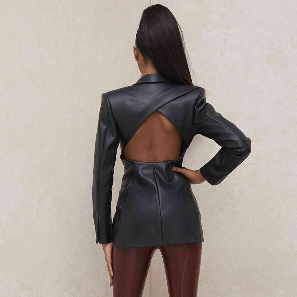 Free High Street Women's PU Faux Leather Blazer Sexy Notch Lapel Long Sleeve Single Button Slim Halter 210524