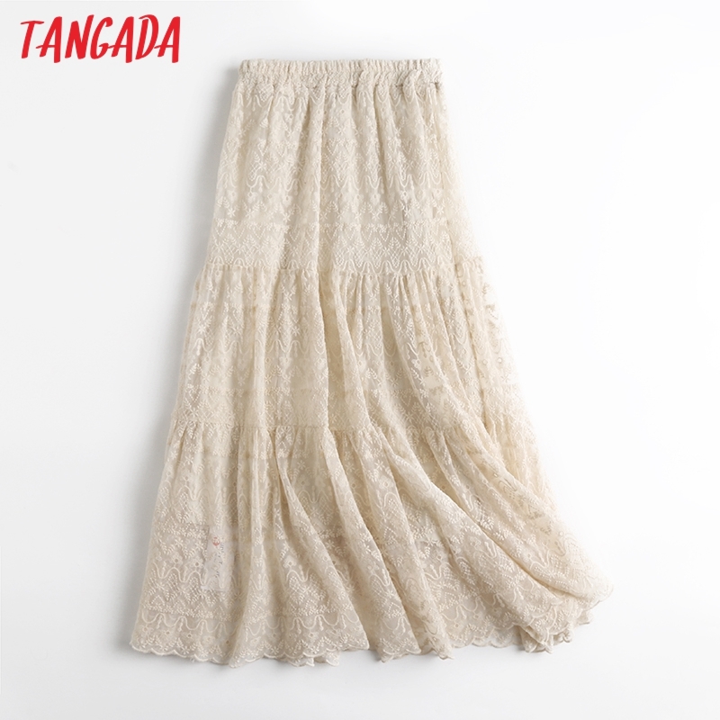Women Vintage Lace Midi Skirt Faldas Mujer Strethy Waist Ladies Elegant Chic Mid Calf Skirts WF32 210416