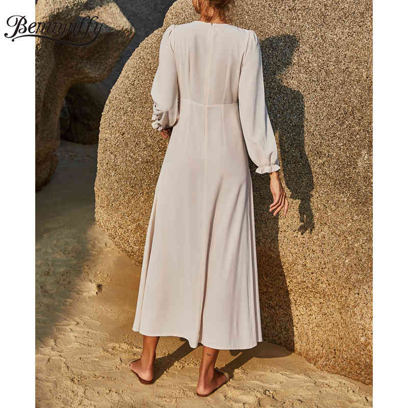 Crew Neck Solid Long Maxi Dresses Women Spring Summer Casual High Waist Sleeve Chiffon Fit and Frale Dress 210510