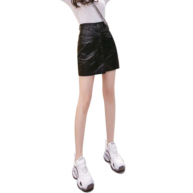 Leather Skirt Casual Women High Waist Hip Button Large Pocket Solid A-Line Empire Super Fire 10765 210518