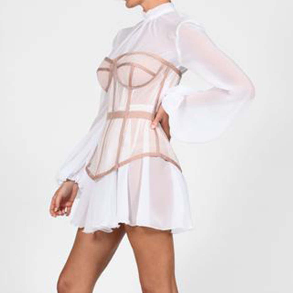 Summer Women White Lace Mini Dress Sexy Striped Long Lantern Sleeve Fashion Celebrity Evening Club Party Lady Dresses 210423