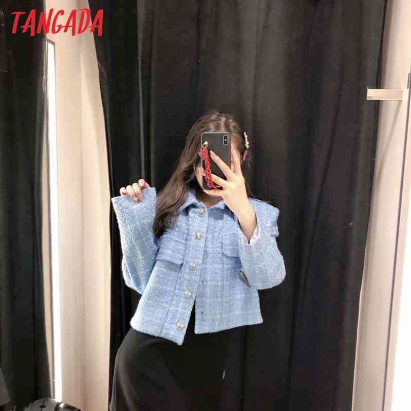 Women Blue Tweed Crop Female Long Sleeve Elegant Jacket Ladies Blazer Suits 3H73 210416