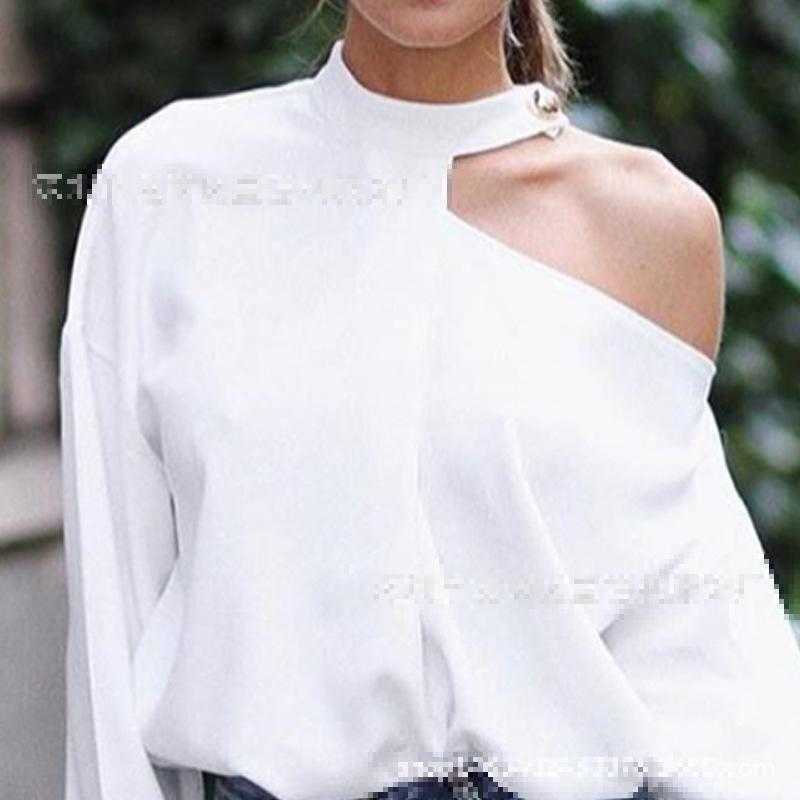 Women T Shirt Irregular Off Shoulder Sexy Plus Size White Casual Hollow Out Long Sleeve -shirt 210524