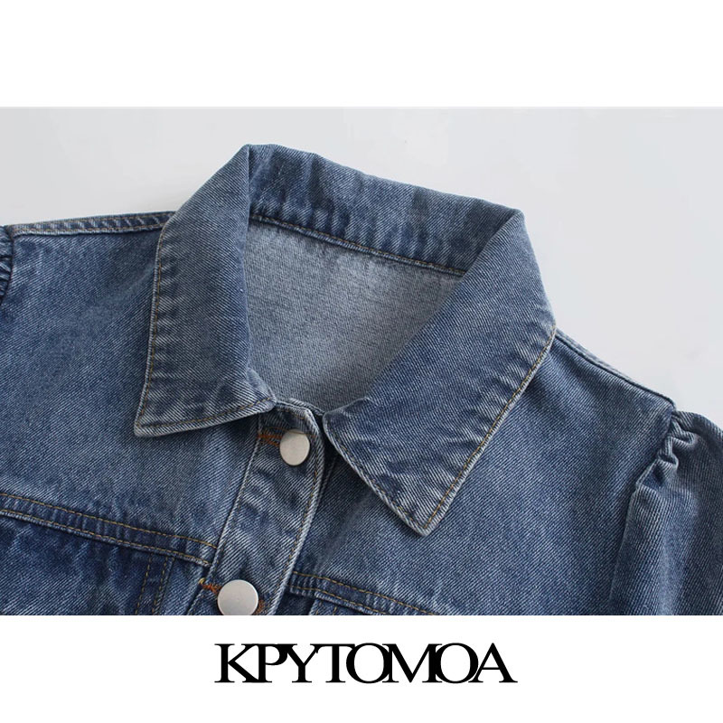 Women Fashion With Elastic Hem Ruffle Cropped Denim Blouses Puff Sleeve Button-up Female Shirts Chic Tops 210420