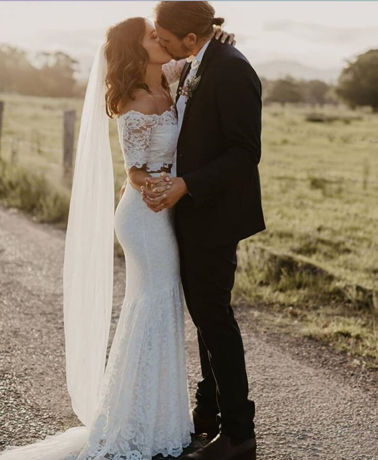 Bohemian Full Lace Mermaid Wedding Dresses Bridal Gowns Two Pieces Bateau Neck Off Shoulder Summer Boho Beach Bride Dress