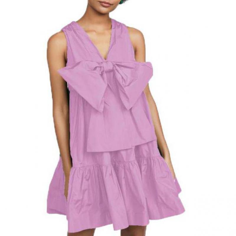 Women Dress V Neck Sleeveless Bohemian es Large Bow Loose Casual Mini Hem Fashion Beach es Summer 210513