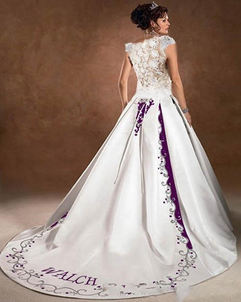 Vintage White Purple Wedding Dresses Satin Lace Embroidery Court Train Gothic country Capped Sleeves Scoop Bridal Wedding Gowns