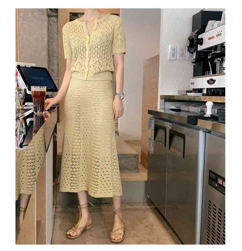 Matching Sets White O Neck Short Sleeve Lace Hollow Out Cardigan Top Thin Summer High Waist Wrap Hip Mermaid Skirt Korean Chic 210429