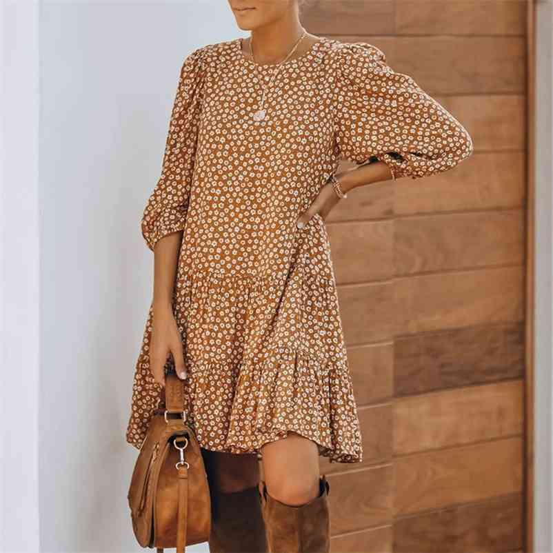 Foridol floral print boho casual winter dress women clothes autumn orange short loose dress vestidos for women 210415