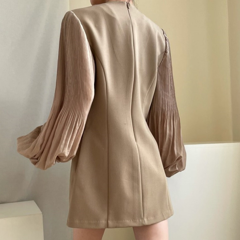 Spring Korean Chic V-neck Women Dresses Elegant Lantern Sleeve Solid Vestidos Vintage Patchwork Loose Femme Robe 210519