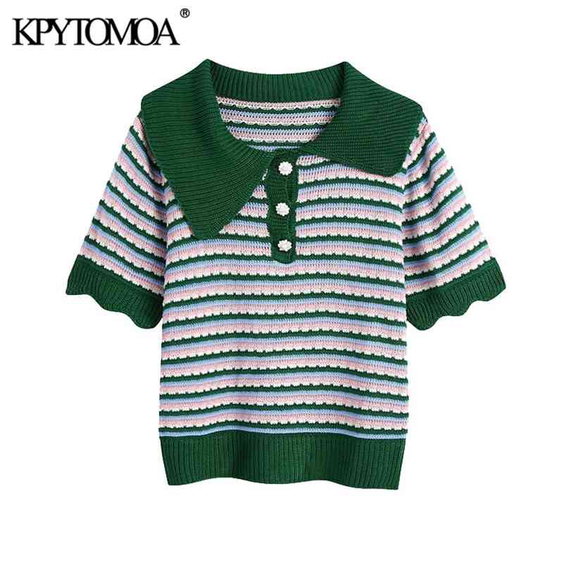 Women Fashion With Rhinestone Button Knitted Sweater Lapel Collar Short Sleeve Female Pullovers Chic Tops 210420