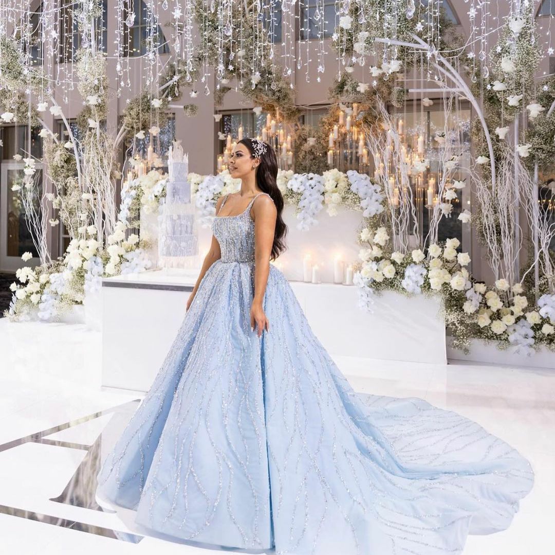 2021 Sky Blue Wedding Dresses Scoop Neck Long Dubai Arabic Bridal Gowns with Beads Modern vestido de novia
