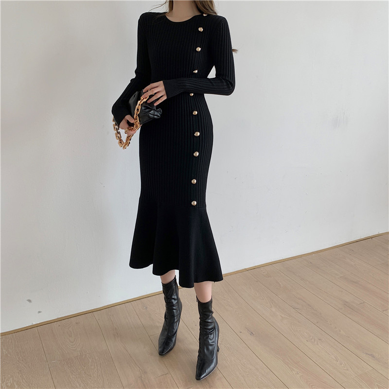 Autumn Winter Bottoming Dress Elegant Slim-fit Long Knitted Women OL Style Package Hip Fishtail es 210421