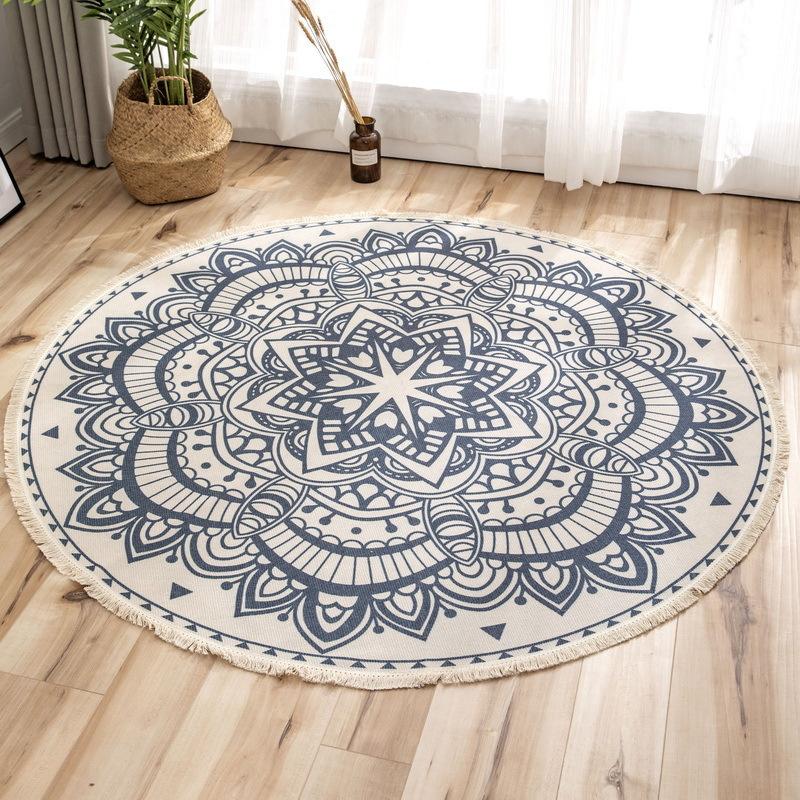 Bohemia Round Carpets Ethnic Tassel Yellow Mandala Carpet Living Room Cotton Linen Big Rugs Modern Classic 90/120cm Mats Decor
