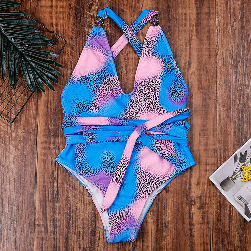 Leopard Print Swimsuit Female Sexy Cross Backless Swimwear Women Diamond Bathing Suits Summer Beach Wear Monokini 210521