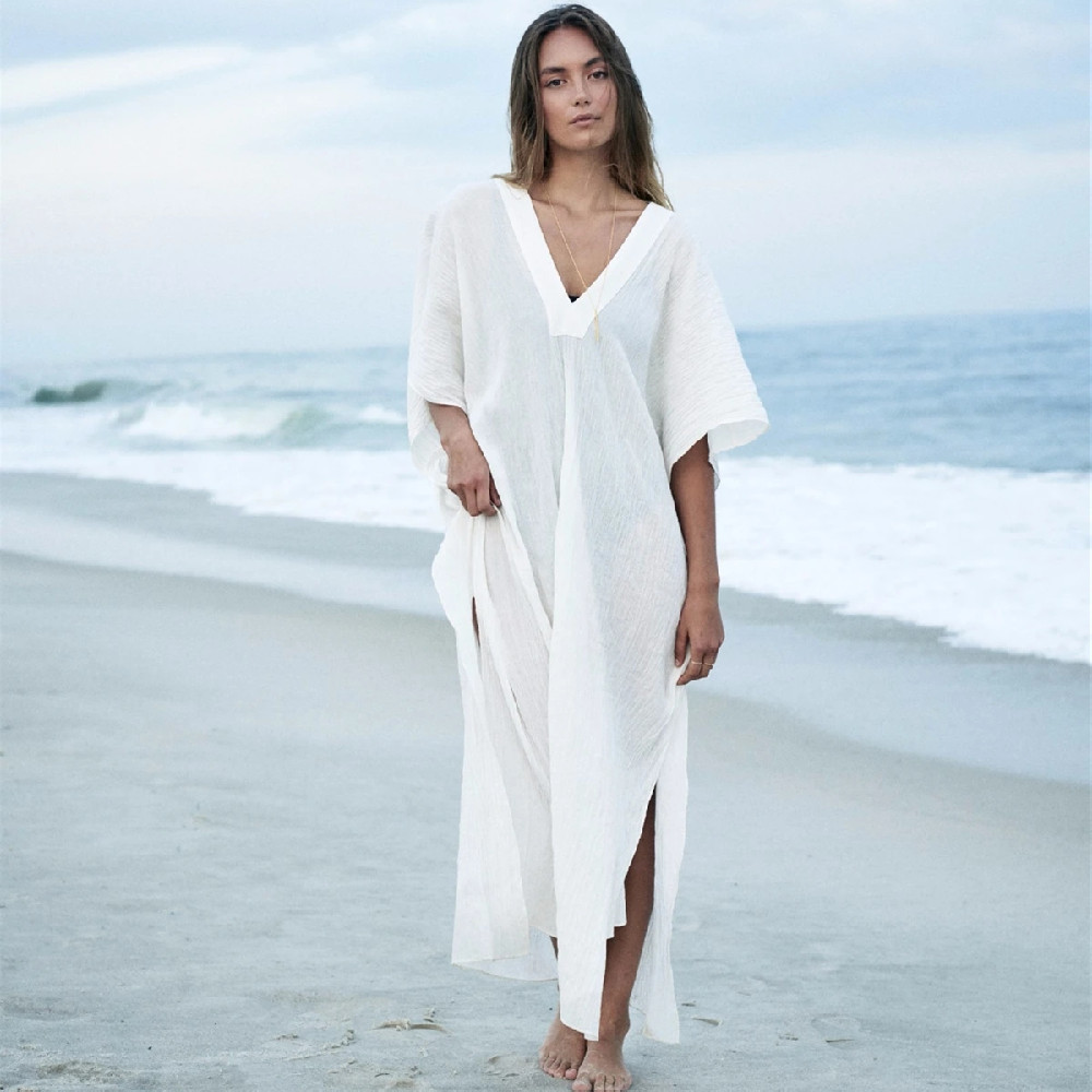 Beach Cover up Sexy V-neck Chiffon Swimwear Ladies Kaftan Tunic Robe De Plage Bathing Suit Coverups Saida de Praia #Q272 210420