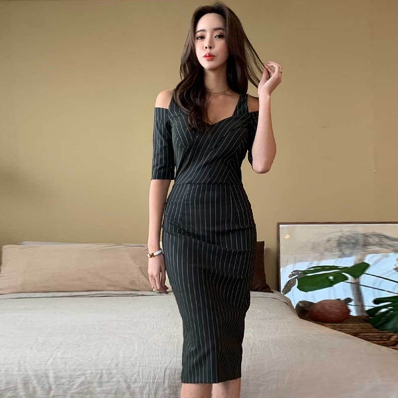 arrival Elegant Korea Dress Women Short sleeve stripe Office Wear Summer Dresses OL Business Work Bodycon Vestidos 210520