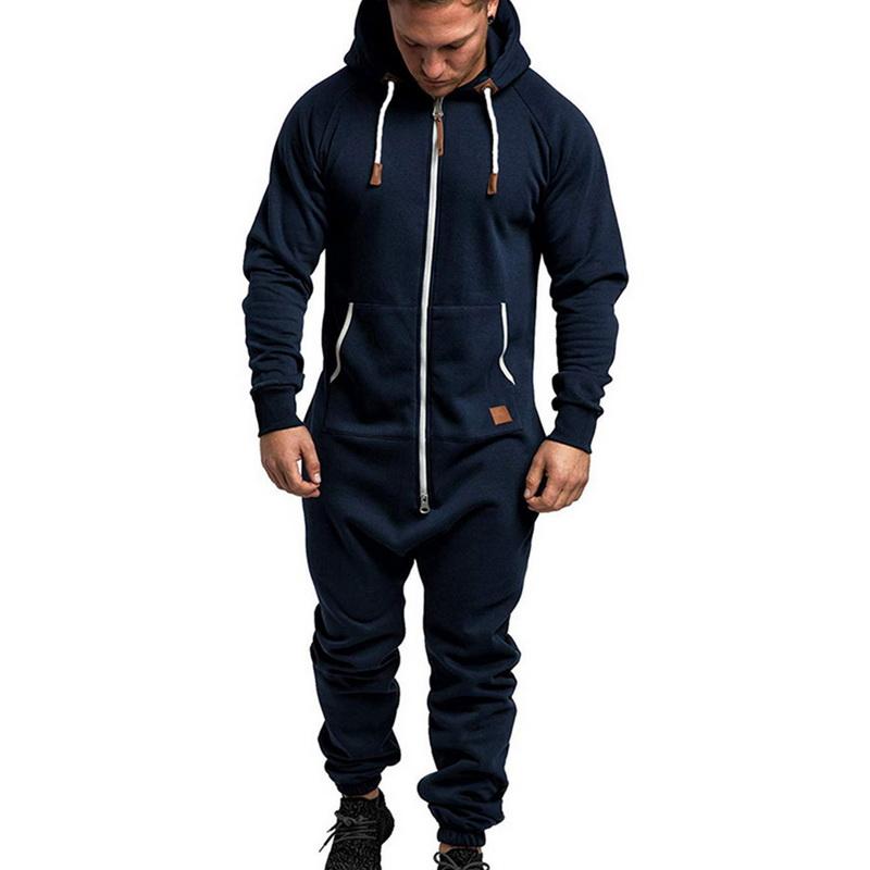 Men's Tracksuits 2021 Mens Pure Color Splicing Jumpsuit Men One-piece Garment Pajama Playsuit Zipper Hoodie Male Onesie Jumpsuits Overalls H