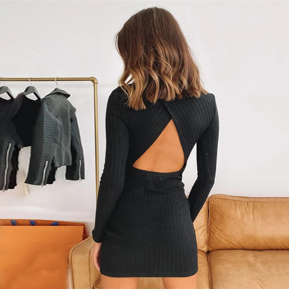 Free Spring Women's Knit Dress Sexy Stand Collar Long Sleeve Bodycon Halter Celebrity Club Party es 210524