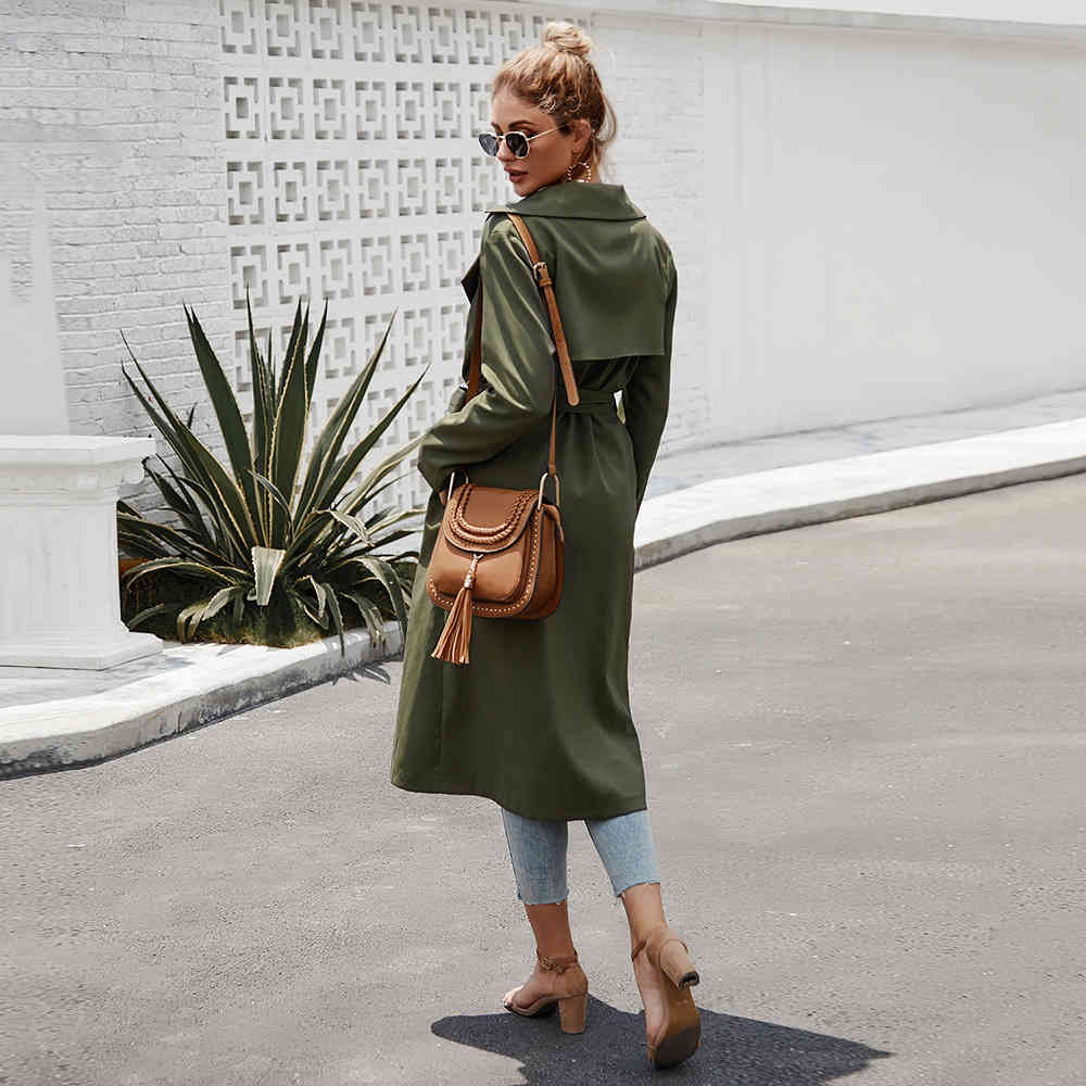 Women's trench Fashion Army green turn down collar long slim coat OL Ladies Long Chic Trench Coats 210524