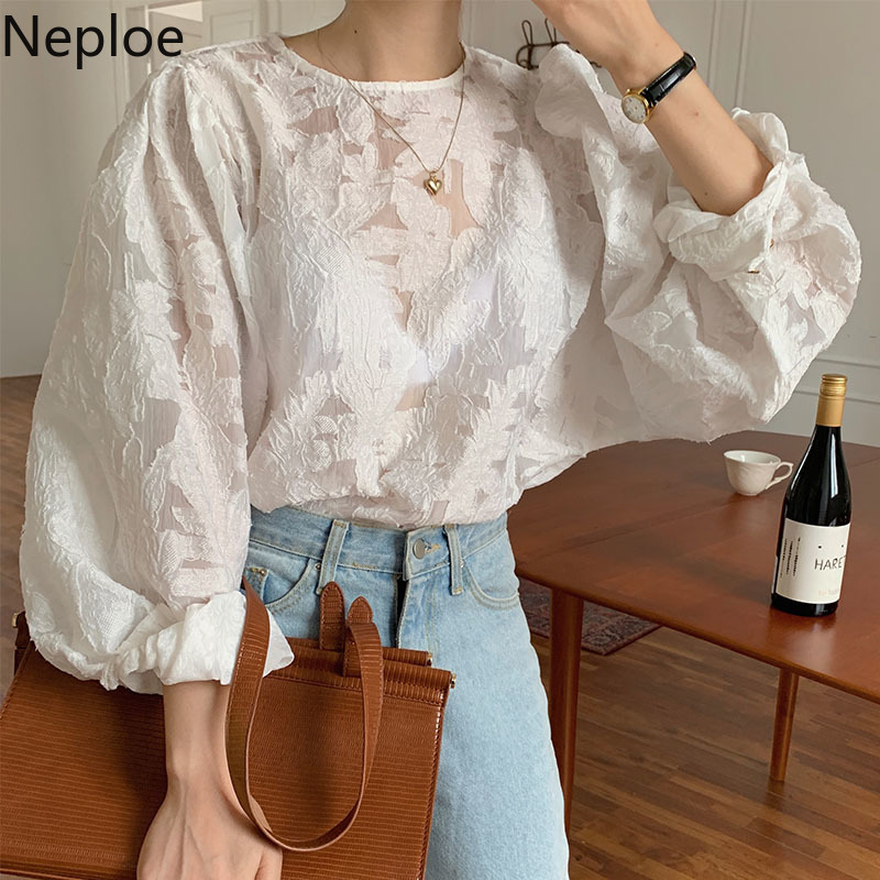 Neploe Korean Chic Blouses Women O-neck Lantern Sleeve See Through Shirt Tops Floral Lose Elegant White Blouse Blusas Mujer 210422