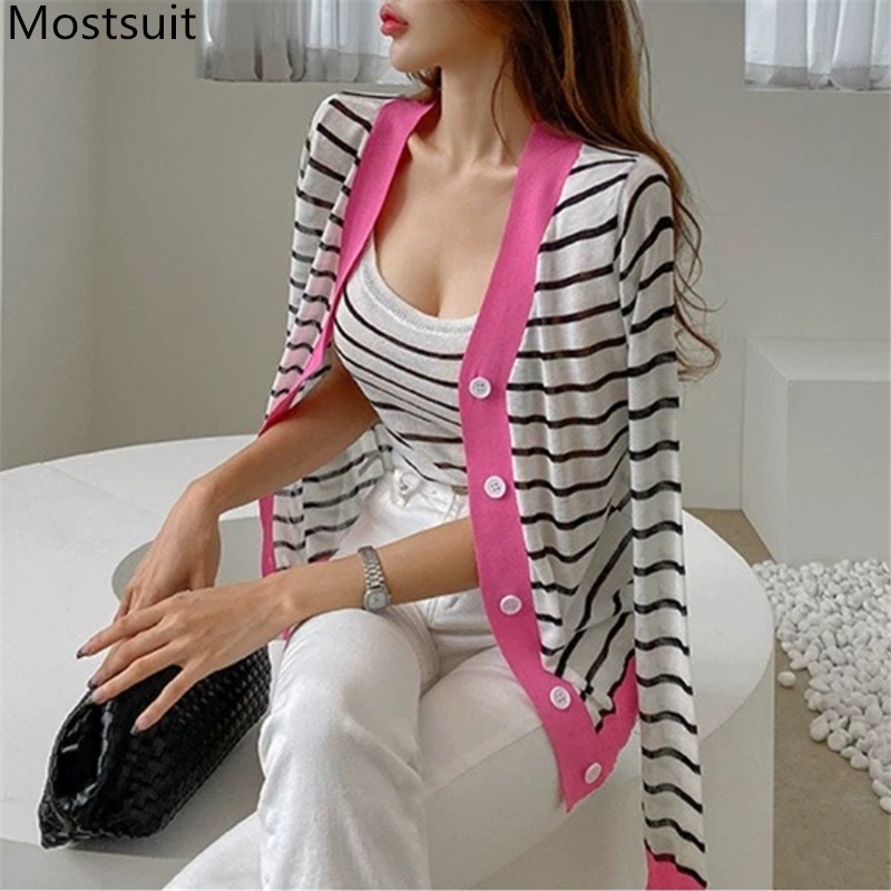 Summer Striped Knitted Cardigan With Vest Women Full Sleeve V-neck Single Breasted Sweater Korean Elegant Ladies Jumpers 210514
