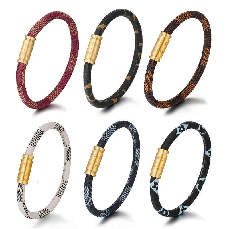 Bangle Charm Bracelets Titanium Steel Engraved Old Decor Cowhide Rope Stainless Magnetic Buckle Male and Female Couple