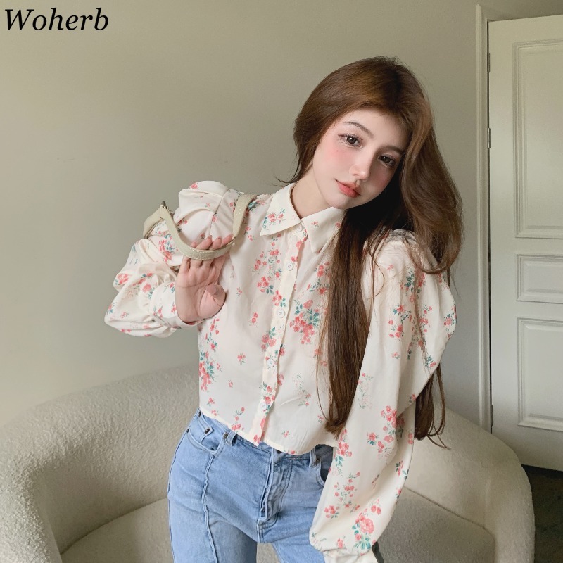 Floral Shirt Women's Elegant Turn Down Collar Puff Long Sleeve Blusas Spring Single Breasted Ladies Crop Tops Sweet 210519