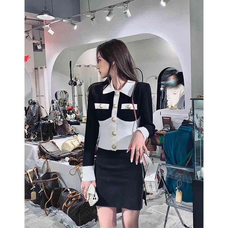 Color-blocked Knitted Crop Tops Women Full Sleeve Single-breasted Buttons Short Caridgan Sweater Vintage Elegant Ladies Jumpers 210514