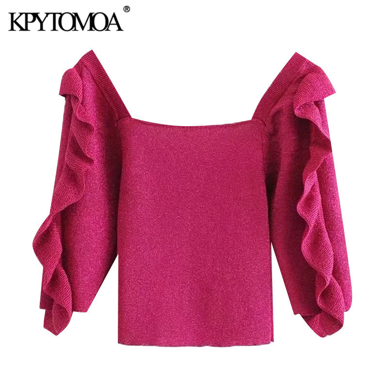 Women Fashion With Ruffle Trims Cropped Knitted Sweater V Neck Half Sleeve Female Pullovers Chic Tops 210420